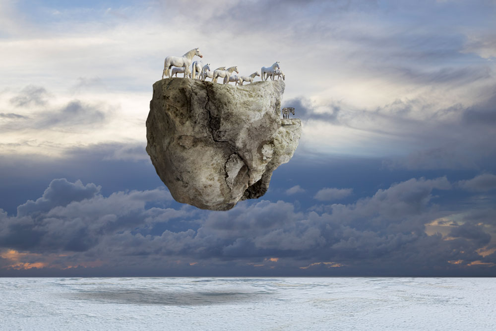 on the rock. opera fotografica surrealista dell'artista bart herreman